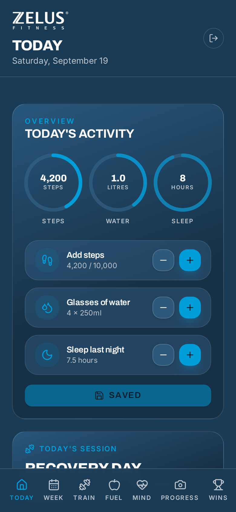 The Zelus Fitness app on a phone — today's training, water, steps and wellness